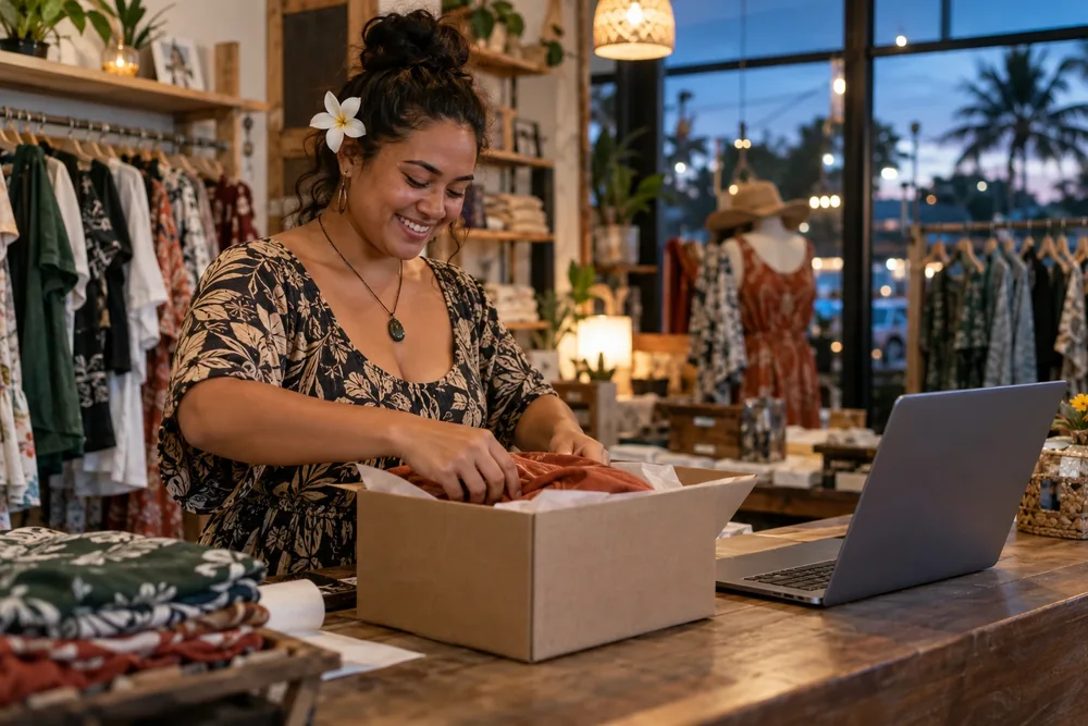 A smiling shop owner packing an online order at her clothing store counter