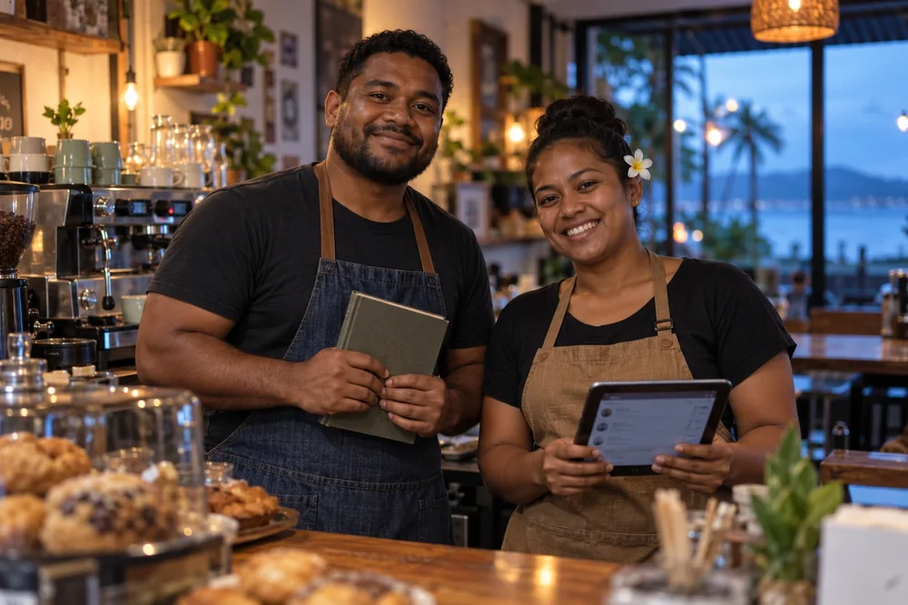 A smiling couple who own a coffee shop, standing behind their counter