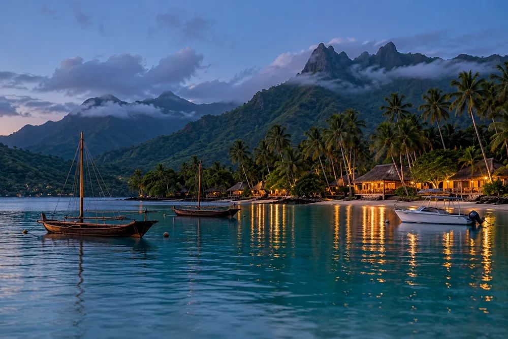 Wooden boats moored in a calm Fiji bay at dusk with a lit beach resort and green mountains