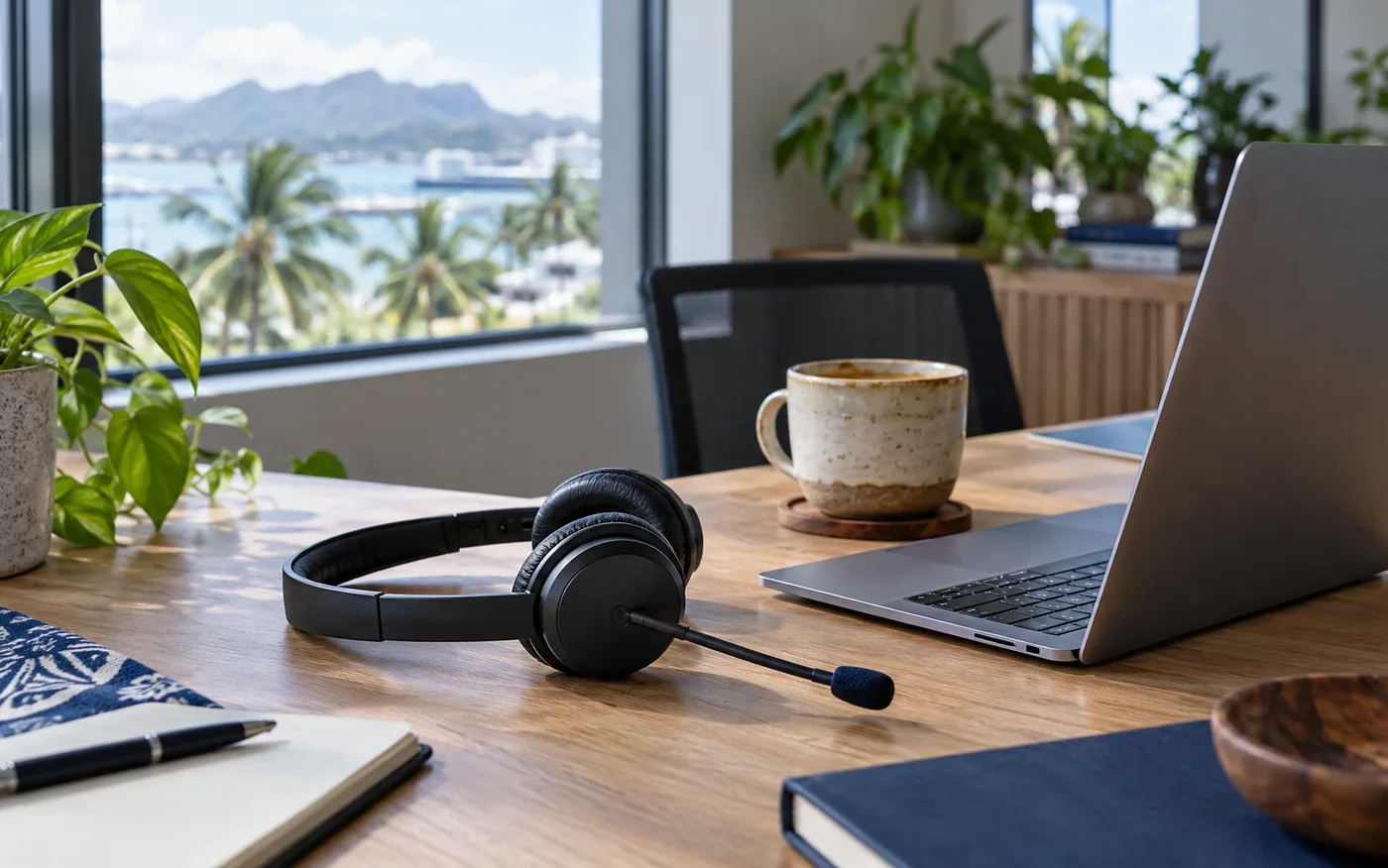 A support headset on a wooden desk beside a laptop and coffee, with a harbour view through the window